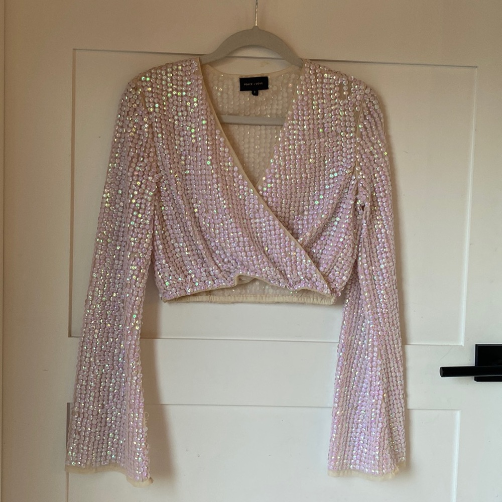 peace + love sequin crop top